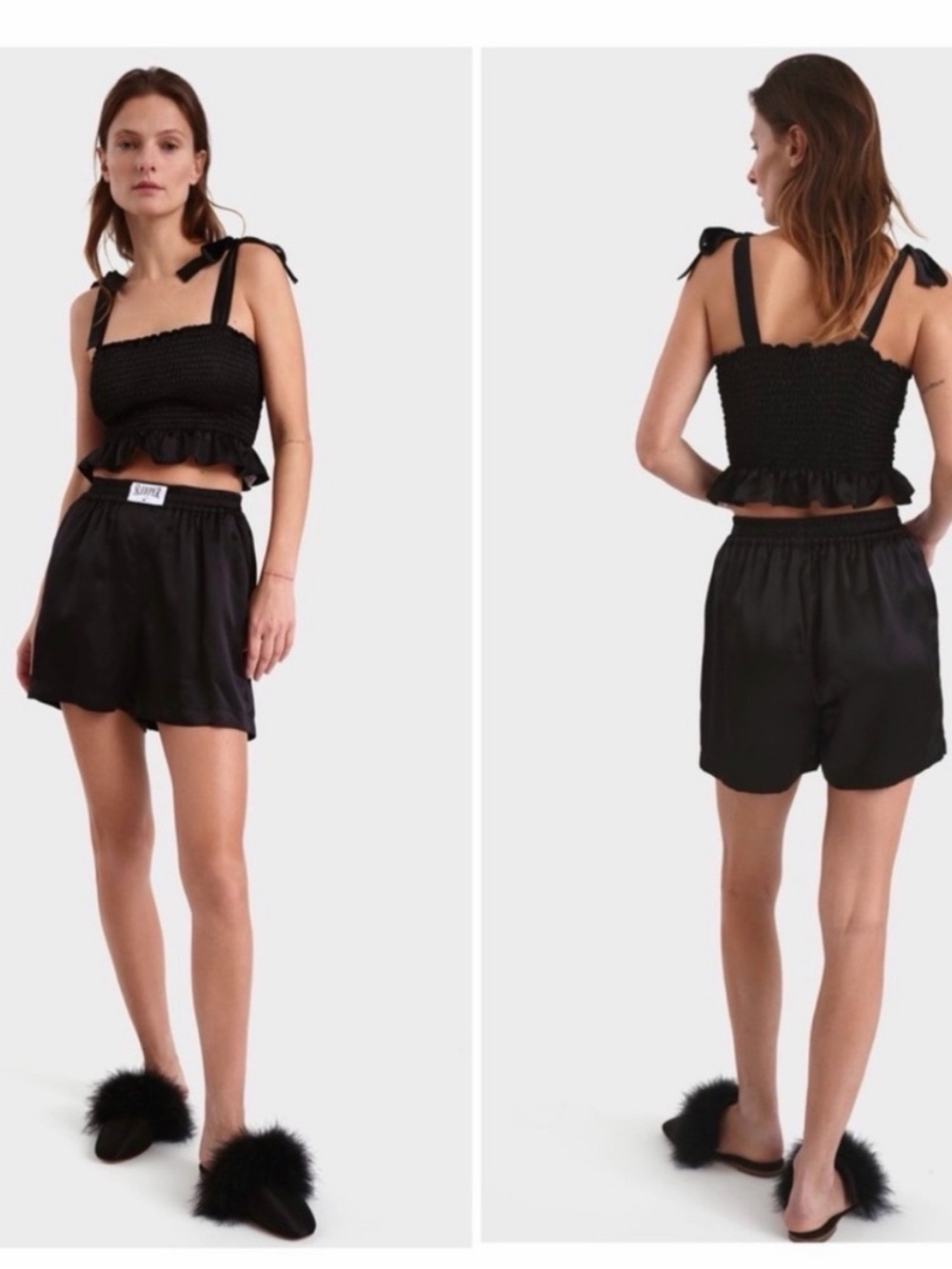 Sleeper Black Smocked Tie-Shoulder Crop Top & Shorts PJ Set size small